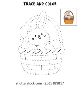 Easter bunny coloring pages easter worksheets printable for kids activity, Kindergarten and preschool. Trace and color Easter bunny worksheets. Bunny Easter with eggs clipart vector. Spring bunny.