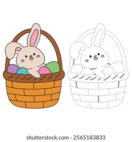 Easter bunny coloring pages easter worksheets printable for kids activity, Kindergarten and preschool. Trace and color Easter bunny worksheets. Bunny Easter with eggs clipart vector. Spring bunny.