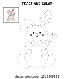 Easter bunny coloring pages easter worksheets printable for kids activity, Kindergarten and preschool. Trace and color Easter bunny worksheets. Bunny Easter with flower clipart vector. Spring bunny.