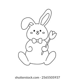 Easter bunny coloring pages easter worksheets printable for kids activity, Kindergarten and preschool. Trace and color Easter bunny worksheets. Bunny Easter with flower clipart vector. Spring bunny.