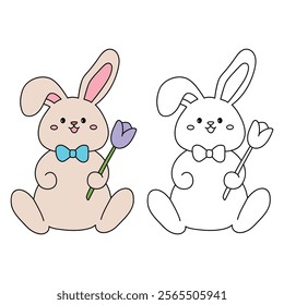 Easter bunny coloring pages easter worksheets printable for kids activity, Kindergarten and preschool. Trace and color Easter bunny worksheets. Bunny Easter with flower clipart vector. Spring bunny.