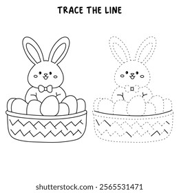 Easter bunny coloring pages easter worksheets printable for kids activity, Kindergarten and preschool. Trace and color Easter bunny worksheets. Bunny Easter with eggs clipart vector. Spring bunny.