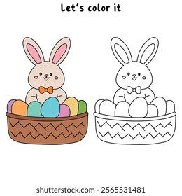 Easter bunny coloring pages easter worksheets printable for kids activity, Kindergarten and preschool. Trace and color Easter bunny worksheets. Bunny Easter with eggs clipart vector. Spring bunny.
