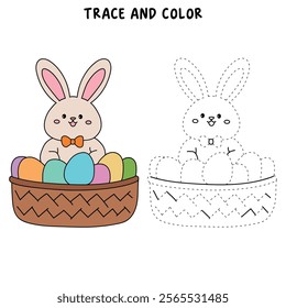 Easter bunny coloring pages easter worksheets printable for kids activity, Kindergarten and preschool. Trace and color Easter bunny worksheets. Bunny Easter with eggs clipart vector. Spring bunny.