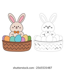 Easter bunny coloring pages easter worksheets printable for kids activity, Kindergarten and preschool. Trace and color Easter bunny worksheets. Bunny Easter with eggs clipart vector. Spring bunny.