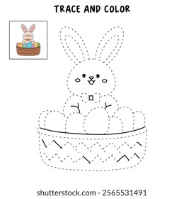 Easter bunny coloring pages easter worksheets printable for kids activity, Kindergarten and preschool. Trace and color Easter bunny worksheets. Bunny Easter with eggs clipart vector. Spring bunny.