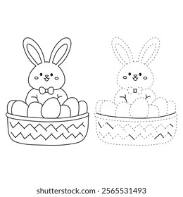 Easter bunny coloring pages easter worksheets printable for kids activity, Kindergarten and preschool. Trace and color Easter bunny worksheets. Bunny Easter with eggs clipart vector. Spring bunny.