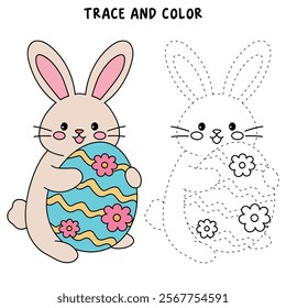 Easter bunny coloring pages easter worksheets printable for kids activity, Kindergarten and preschool. Trace and color Easter bunny worksheets. Bunny Easter with eggs clipart vector. Spring bunny.