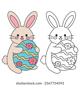 Easter bunny coloring pages easter worksheets printable for kids activity, Kindergarten and preschool. Trace and color Easter bunny worksheets. Bunny Easter with eggs clipart vector. Spring bunny.