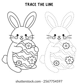 Easter bunny coloring pages easter worksheets printable for kids activity, Kindergarten and preschool. Trace and color Easter bunny worksheets. Bunny Easter with eggs clipart vector. Spring bunny.
