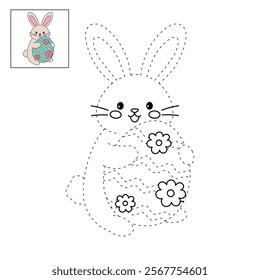 Easter bunny coloring pages easter worksheets printable for kids activity, Kindergarten and preschool. Trace and color Easter bunny worksheets. Bunny Easter with eggs clipart vector. Spring bunny.