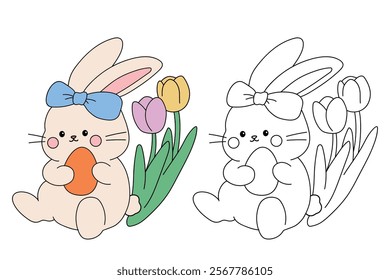 Easter bunny coloring pages easter worksheets printable for kids activity, Kindergarten and preschool. Trace and color Easter bunny worksheets. Bunny Easter with eggs clipart vector. Spring bunny.