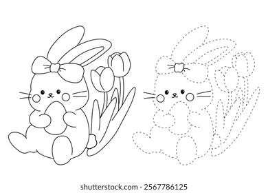 Easter bunny coloring pages easter worksheets printable for kids activity, Kindergarten and preschool. Trace and color Easter bunny worksheets. Bunny Easter with eggs clipart vector. Spring bunny.