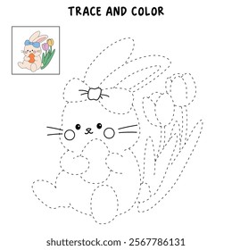 Easter bunny coloring pages easter worksheets printable for kids activity, Kindergarten and preschool. Trace and color Easter bunny worksheets. Bunny Easter with eggs clipart vector. Spring bunny.