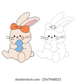 Easter bunny coloring pages easter worksheets printable for kids activity, Kindergarten and preschool. Trace and color Easter bunny worksheets. Bunny Easter with egg clipart vector. Spring bunny.