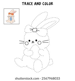 Easter bunny coloring pages easter worksheets printable for kids activity, Kindergarten and preschool. Trace and color Easter bunny worksheets. Bunny Easter with egg clipart vector. Spring bunny.