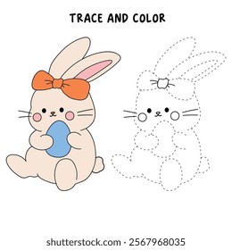 Easter bunny coloring pages easter worksheets printable for kids activity, Kindergarten and preschool. Trace and color Easter bunny worksheets. Bunny Easter with egg clipart vector. Spring bunny.