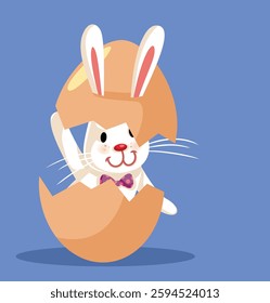 
Easter Bunny Comes Out of the Egg Vector Cartoon Illustration. Funny rabbit hatching an egg for spring time holiday 
