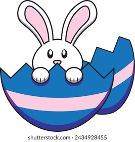 Easter Bunny Coming Out of Easter Egg Clipart. Hatching Pastel Egg. White, Blue, Pink. Rabbit Ears. 