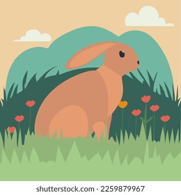  Concepto de conejito de Pascua. Conejo de Pascua con huevo de Pascua sentado en la hierba.