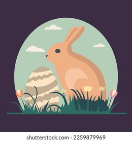  Easter bunny concept. Easter bunny with easter egg sitting in the grass.