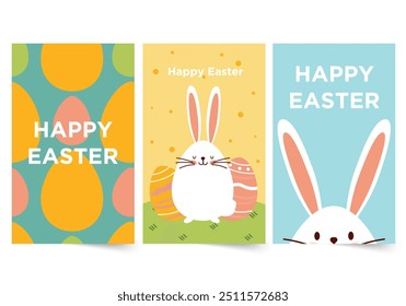 Easter Bunny concept in the flat cartoon design. Happy Easter greeting cards with colorful eggs and a cute bunny, perfect for celebrating the holiday and spreading joy. Vector illustration.