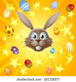 Easter Bunny Concept With Happy Easter Bunny Face And Stars And Chocolate Easter Eggs