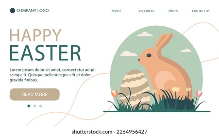 Easter bunny concept. Home page banner. Easter bunny with easter egg sitting in the grass.