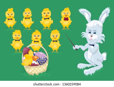Easter bunny is conducting a choir of chicks, one of which has just hatched out, wearing eggshell on his head  and standing on a basket full of painted eggs. Easter holiday. Cartoon.
