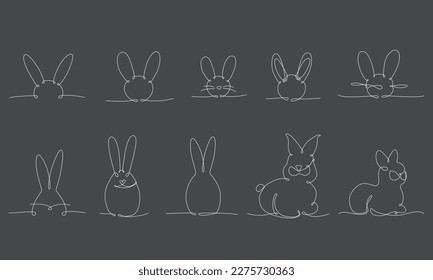 Easter bunny continues line hand draw pack elements. Vector stock illustration minimalism design isolated on black chalkboard background. Editable stroke single line collection. EPS10