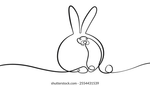 Easter Bunny Continuous Line Drawing. Cute Fluffy Rabbit Single Line Art Drawing Black Sketch Isolated on White Background. Vector Illustration. Not AI