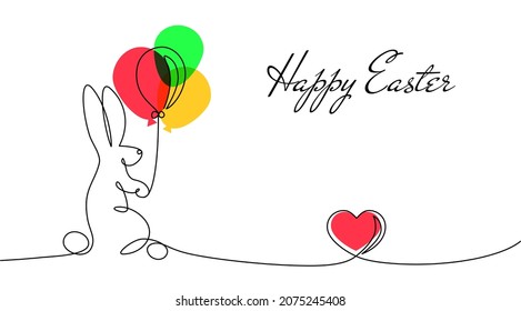 Easter Bunny Continuous One Line Drawing Bunny Minimalist Contour Illustration for Spring Design Concept Card Line Art Style Cute rabbit with air balloon shaped as egg vector