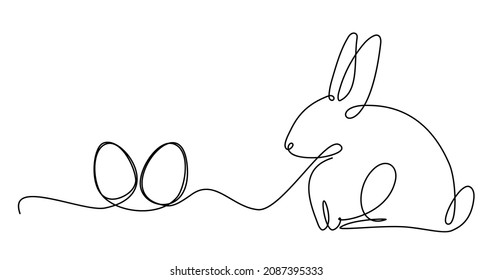 Easter bunny continuous one line drawing. Rabbit with eggs simple image. Minimalist vector illustration.