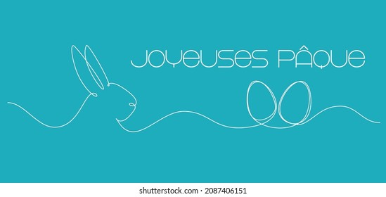 Dibujo continuo de una línea en el conejo de Pascua. Feliz Pascua al francés. Imagen simple de conejo. Ilustración vectorial minimalista.