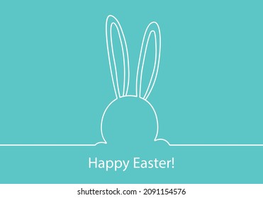 Easter bunny continuous one line vector icon, drawing rabbit outline cute animal, white minimal contour ears hare on blue background. Funny simple greeting card