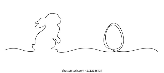 Easter Bunny continuous one line drawing. Easter border with eggs and cute cartoon bunny in continuous line art drawing style. Illustration for Easter with Rabbit Black and white vector