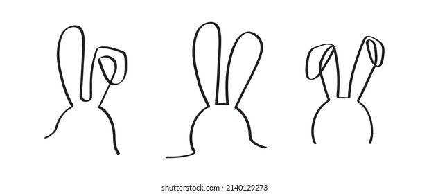 Easter bunny continuous one line vector icon, drawing rabbit outline cute animal, minimal contour ears hare, doodle element face, black silhouettes set. Funny simple illustration. Chinese New Year