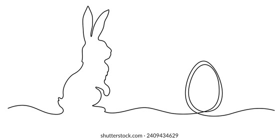 Easter Bunny continuous one line drawing. Easter border with eggs and cute cartoon bunny in continuous line art drawing style. Illustration for Easter with Rabbit Black and white vector