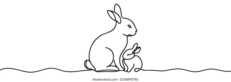 Easter Bunny continuous one line drawing. Easter border with eggs and cute cartoon bunny in continuous line art drawing style. Illustration for Easter with Rabbit Black and white vector