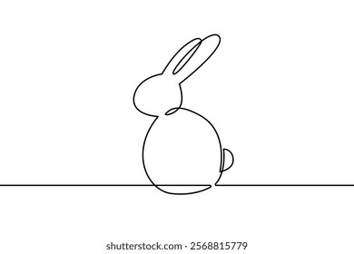 Easter Bunny Continuous One Line Drawing. Rabbit Silhouette for Spring Design in Simple Linear Style. Editable Stroke. Rabbit Doodle Black on White Vector Illustration. Not AI