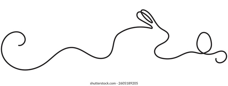 Easter Bunny continuous one line drawing. Easter border with eggs and cute cartoon bunny in continuous line art drawing style. Illustration for Easter with Rabbit Black and white vector