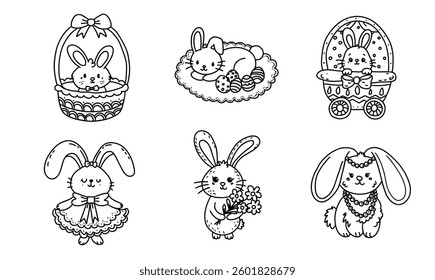An Easter Bunny Coquette, Cute Easter bunnies in various playful poses and styles, perfect for spring celebrations