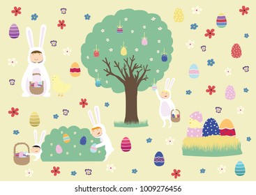 Easter bunny costume egg hunt. Spring, colorful, flowers, chick hatching. Cute vector illustration cartoon design.