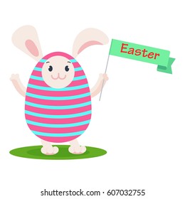 Easter bunny in costume of striped Easter egg holds bright flag in paw and smiles happily. Easter cards, decor, congratulations. Flat vector cartoon illustration. Objects isolated on white background.