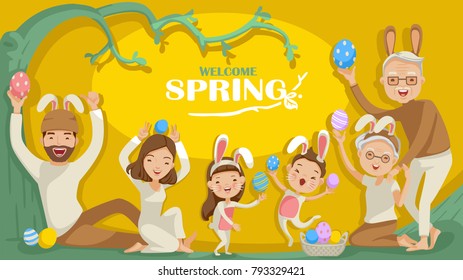 Easter bunny costumers. welcome spring. bunny ears and easter eggs. family Character group. Father, mother, grandfather, grandmother, son, daughter, holiday background trees are budding. vector 