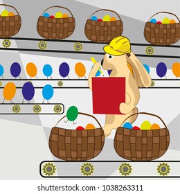Easter Bunny counts the eggs on the conveyor belt
