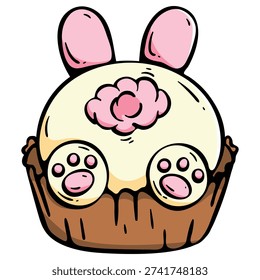 Easter bunny cupcake featuring cute rabbit ears and paw prints on a whipped cream swirl. Hand drawn doodle style perfect for vegan dessert menus, children's birthday cards, spring bakery window stickers and nursery holiday decorations.