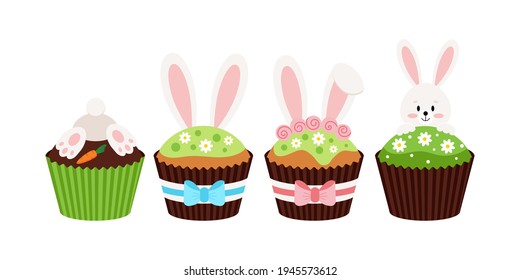 Easter bunny cupcakes set isolated on white background. Cake sweets food muffin with bunny rabbit ears, head, tail and carrot. Flat design cartoon style home made easter dessert vector illustration.