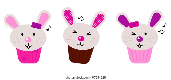 Easter bunny cupcakes set isolated on white