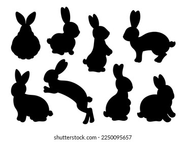 Easter bunny cut file shapes. Rabbit silhouette set. Hare vector outline contour for Easter decal,  label, gift tag, cookie shape. Cute rabbits jumping, sitting, skipping. Black and white template.